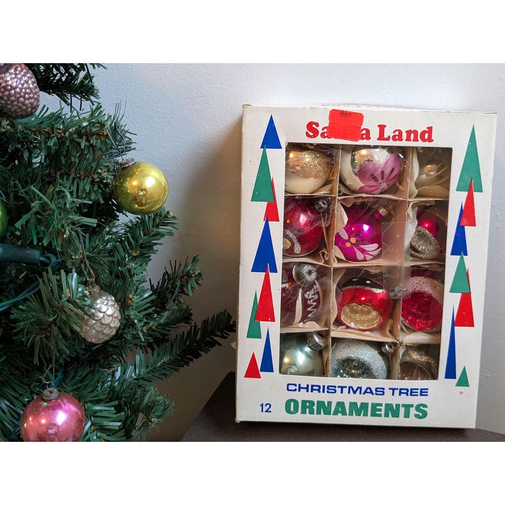 Vintage Curated Glass Christmas Ornaments Boxed Set of 12 Indent Reflector Decor